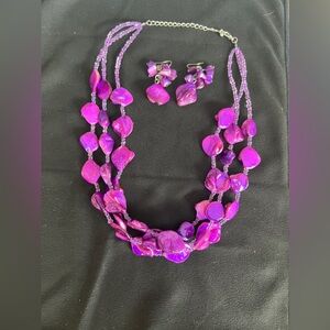 Multi strand purple bead/shell necklace with matching earrings